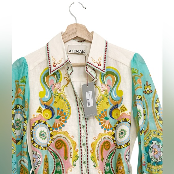 NWT ALÉMAIS Pinball Linen Paisley Print Belted MIDI Dress Sz 0 - Picture 10 of 16